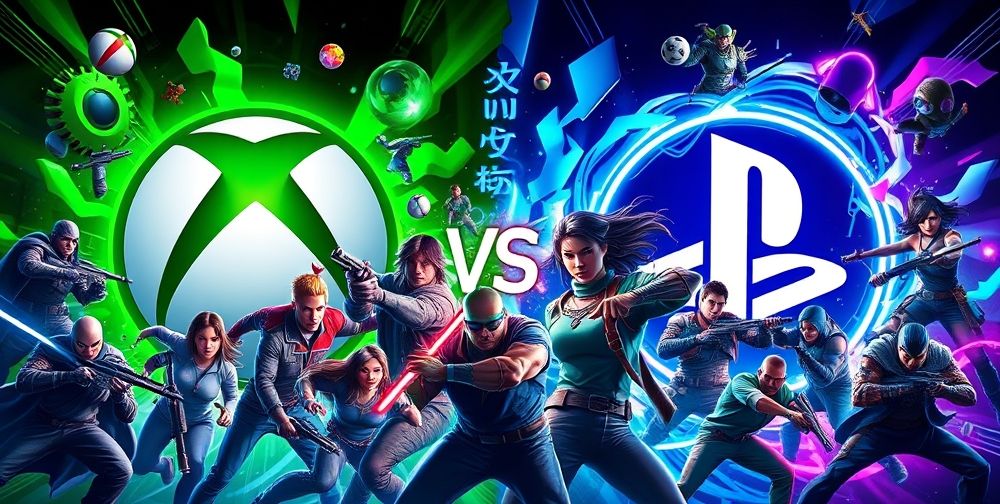 A visually compelling image depicting the rivalry between Xbox and PlayStation, with vivid colors, showcasing multiple gaming characters, iconic logos, and a dynamic gaming environment.