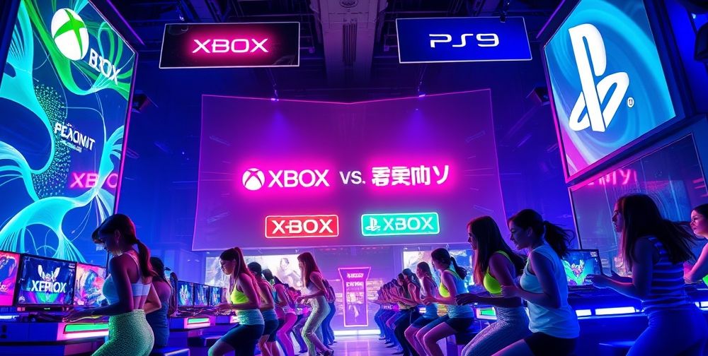 A futuristic image illustrating the evolving competition between Xbox and PlayStation in the gaming industry, featuring advanced gaming technologies, players engaging with virtual reality, and a vibrant atmosphere of gaming excitement.