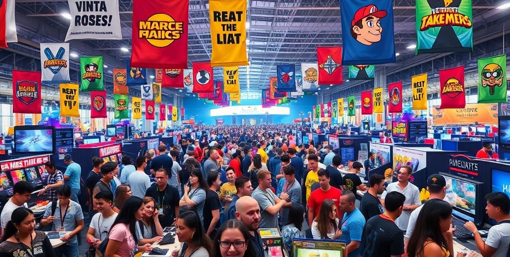 A vibrant gaming community event featuring diverse players celebrating together in a colorful convention hall, showcasing banners and gaming memorabilia.