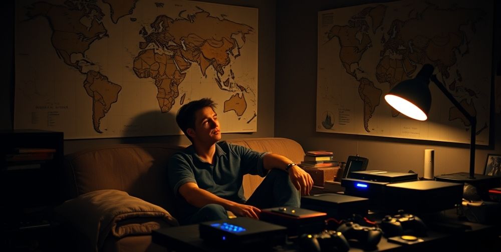 A thoughtful gamer sitting in a dimly lit room, contemplating the global issues related to gaming, with a world map and gaming consoles in the background.