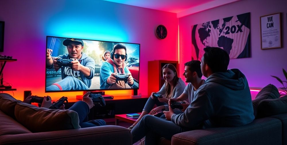 A visually stunning Xbox gaming setup featuring multiple controllers, colorful LED lights, and friends gaming together on a large screen in a cozy living room.