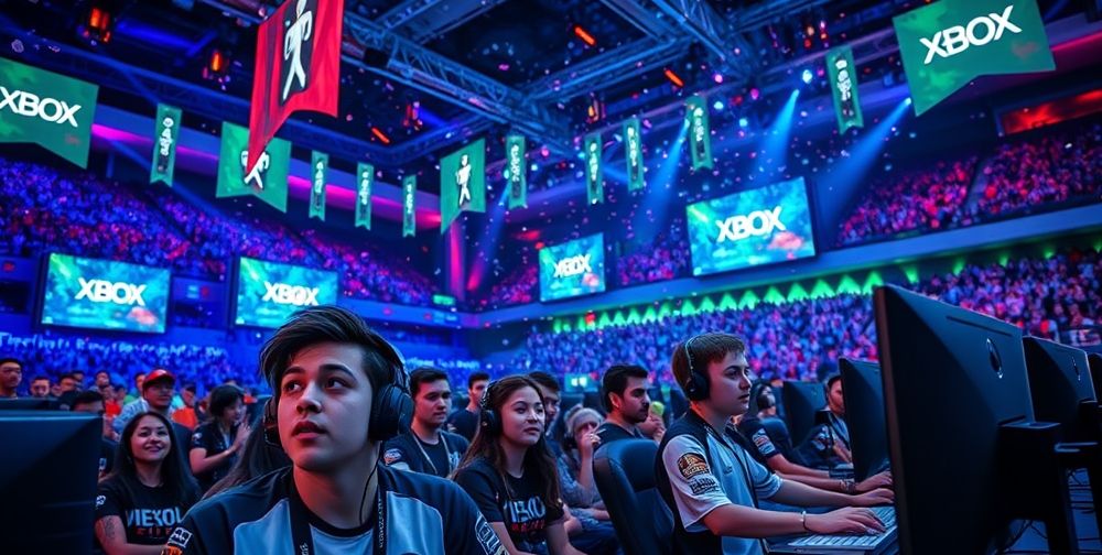 An engaging scene of a competitive Xbox gaming tournament, with enthusiastic players, cheering audience, and colorful decorations in a large venue, capturing the excitement and community of gaming.