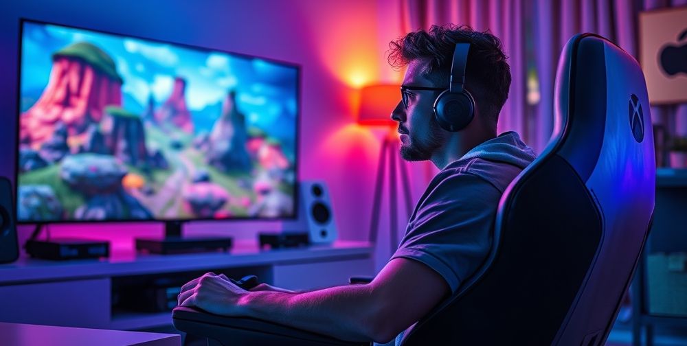 An engaging scene of a gamer using an Xbox enhancer while playing a visually stunning game, showcasing colorful graphics, an immersive setting, and the gamer deeply focused on the screen.