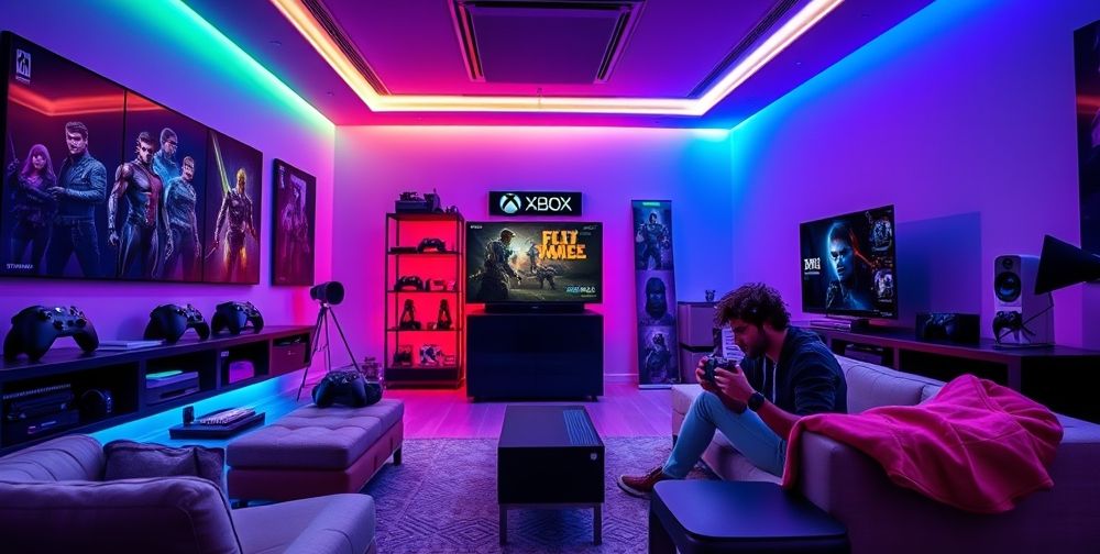 An Xbox enhancer setup in a stylish gaming room, featuring LED lighting, gaming accessories, and a focused gamer interacting with a console.