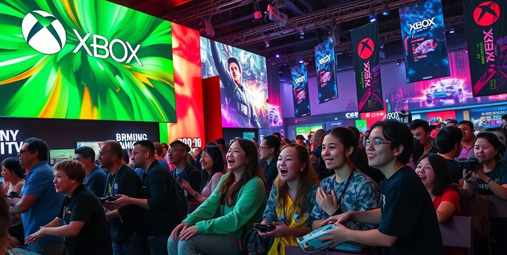 A vibrant scene at the E3 gaming convention showcasing a large Xbox booth, with fans interacting and trying out video games, colorful lights, and a dynamic atmosphere.