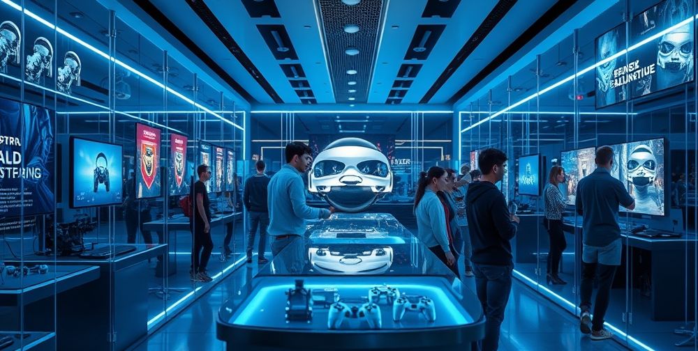 A futuristic concept image showcasing various advanced gaming technologies, including virtual reality headsets and cloud gaming features, in a sleek tech showroom.