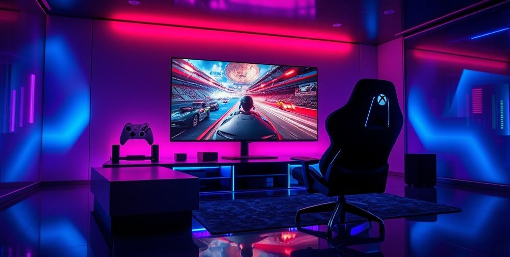 A futuristic gaming setup featuring a new Xbox console with vibrant LED lights, a large flat-screen TV displaying an action-packed game, and a comfortable gaming chair with immersive ambient lighting.