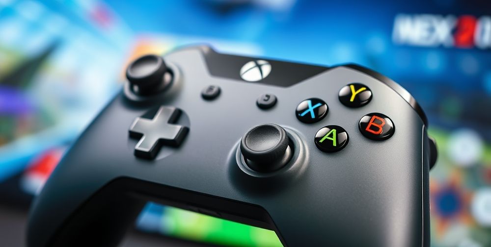 A close-up shot of an Xbox console controller, showcasing its new ergonomic design, customized gaming buttons, with vibrant colors and textures against a soft-focus gaming background, highlighting the modernity and innovation in gaming accessories.