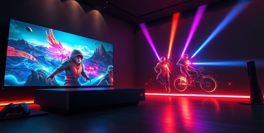 A futuristic Xbox gaming console with sleek design and powerful graphics displayed on a large screen, colorful game characters illuminating the room with ambient light.