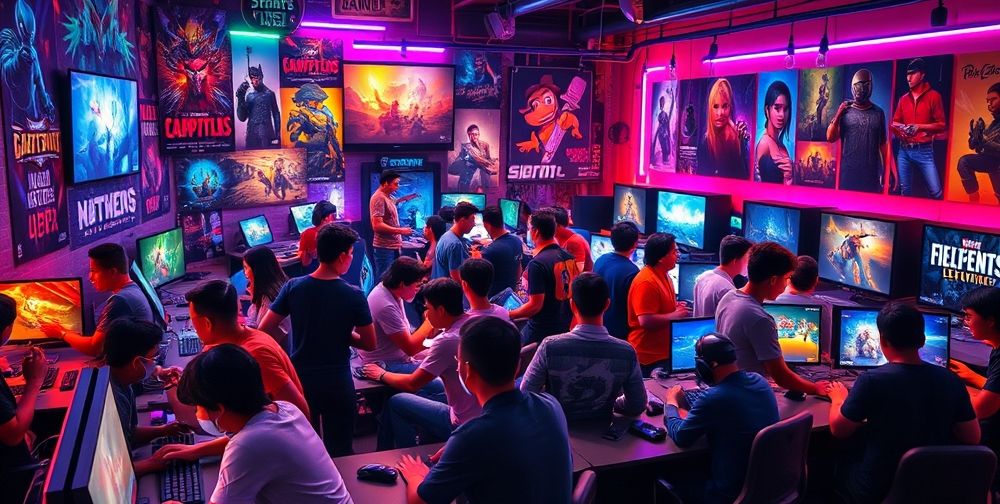 A vibrant gaming community hub showcasing diverse gamers collaborating and interacting, surrounded by colorful gaming posters and high-tech equipment.