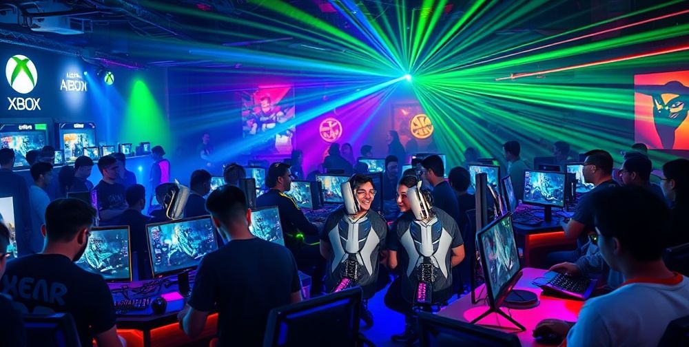 A vibrant Xbox gaming lounge filled with diverse players engaging in multiplayer games, colorful LED lights casting a lively atmosphere, showcasing various gaming setups and joyful expressions.