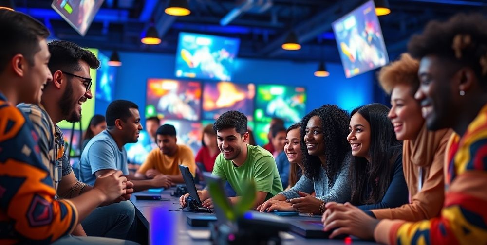 A diverse group of gamers engaged in an educational gaming workshop, vibrant atmosphere with dynamic visuals, showcasing interaction and collaboration among participants as they play educational games together.