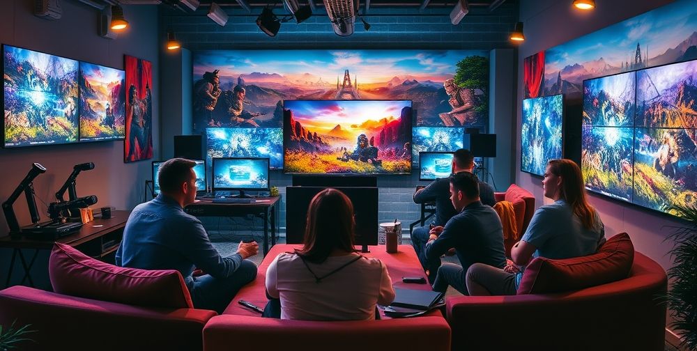 A vibrant gaming newsroom with journalists discussing video game news, colorful screens displaying game trailers, and an engaging team atmosphere.