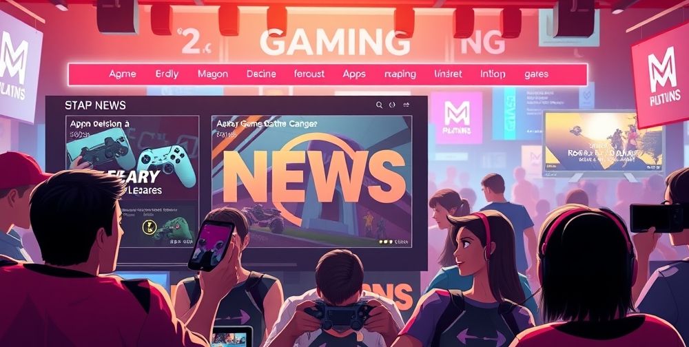 An intricate graphic showing a gaming news website interface with dynamic updates on new game releases, reviews, and player reactions, featuring vibrant colors and a modern layout.