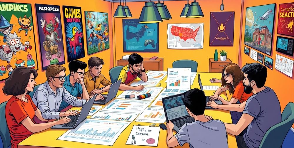 A detailed scene illustrating game developers brainstorming over the impact of recent news on their upcoming game project, with visual elements depicting charts, feedback, and teamwork in a creative workspace.