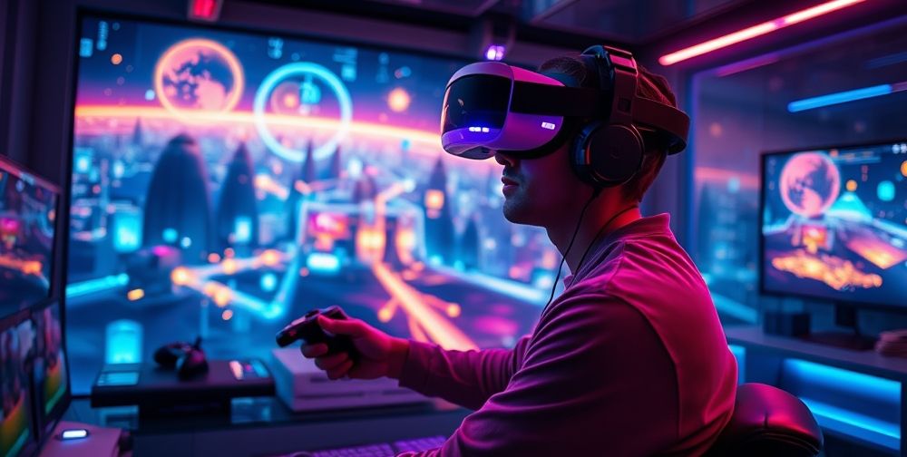 A futuristic gaming setup showing a player immersed in a VR game environment, with vibrant graphics and an expansive digital world around them.