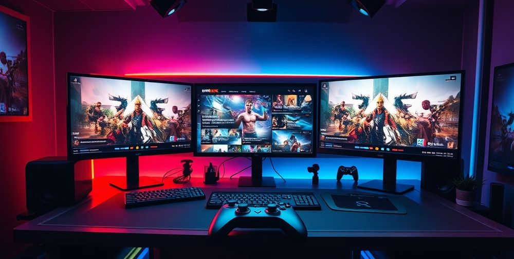 A vibrant gaming news setup featuring a desk with multiple screens displaying game trailers, news articles, and a gaming controller under soft lighting, creating an engaging atmosphere for gamers.