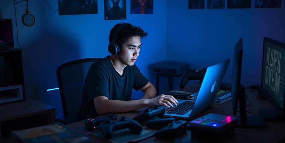 A focused gamer intensely studying gameplay techniques on a laptop, surrounded by strategy guides, and gaming paraphernalia, with a dimly lit room emphasizing the concentration and determination to improve gaming skills.