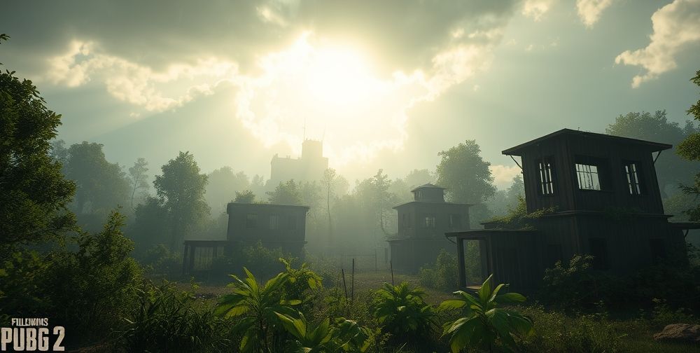 An immersive and realistic battlefield from PUBG 2, featuring lush forests, abandoned buildings and dynamic weather, showcasing the game's advanced graphics.