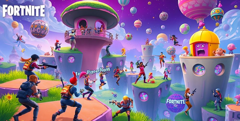 A vibrant Fortnite game scene showcasing colorful characters, engaging interaction and lively events, demonstrating its unique artistic style.