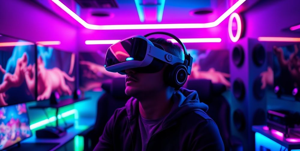 A virtual reality gaming setup showing a player fully immersed in a virtual environment, wearing VR headset, bright neon colors, with a futuristic gaming room vibe.