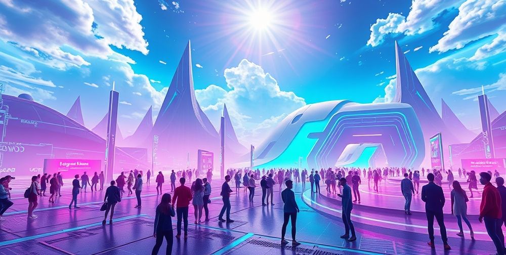 An expansive digital landscape representing a metaverse environment with avatars interacting, vibrant colors, and futuristic settings showcasing diverse activities.