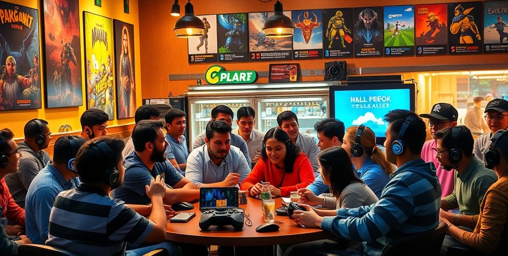 A dynamic gathering of passionate gamers discussing recent controversies in video gaming, filled with diverse opinions and active debates, showcasing a vibrant community atmosphere.