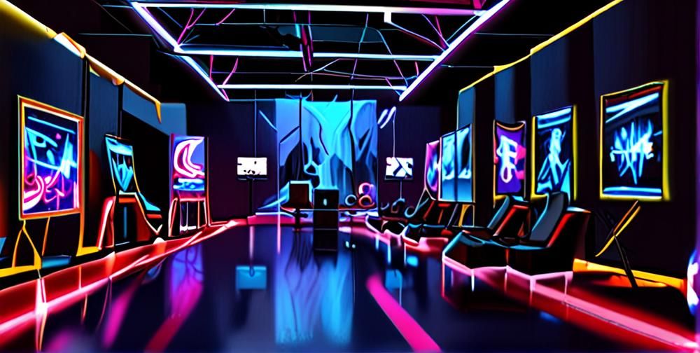 A futuristic gaming setup showcasing advanced technologies like VR headsets and interactive gaming interfaces, with a bright and engaging color scheme, inviting atmosphere.
