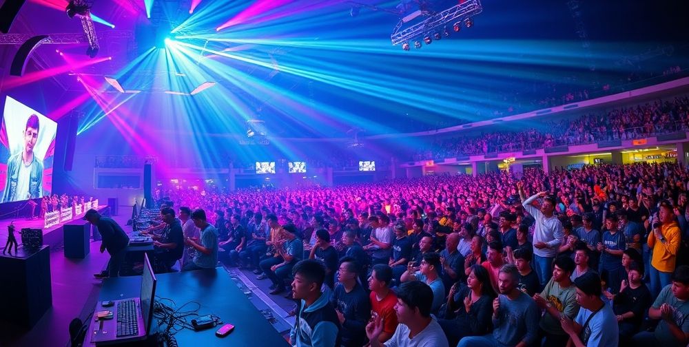 A vibrant gaming festival atmosphere with gamers competing on stage, colorful lights, and enthusiastic audience, highlighting eSports culture.