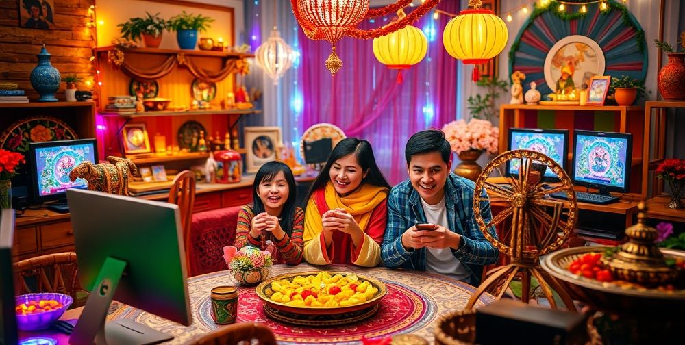 A colorful scene of a family gathered together, playing computer games during Nowruz, surrounded by traditional decorations, نوروز and festive lights provide a joyful atmosphere.