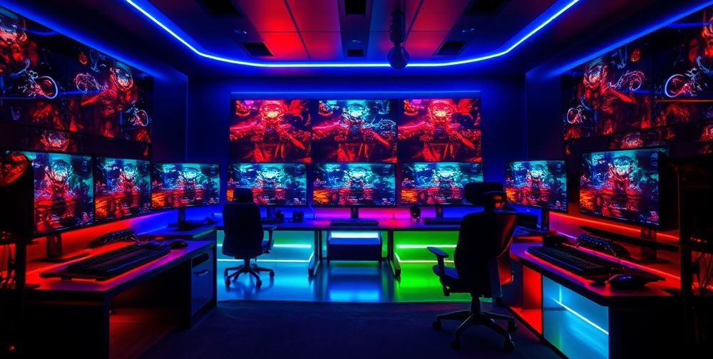 An active gaming setup with multiple monitors displaying different games, illuminated by colorful LED lights, creating an engaging and exciting atmosphere.