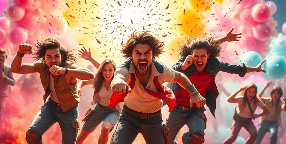 A vibrant scene from a game trailer showing dynamic action and intense emotions, featuring characters in dramatic poses against a colorful backdrop, with emotional expressions highlighting excitement and anticipation.