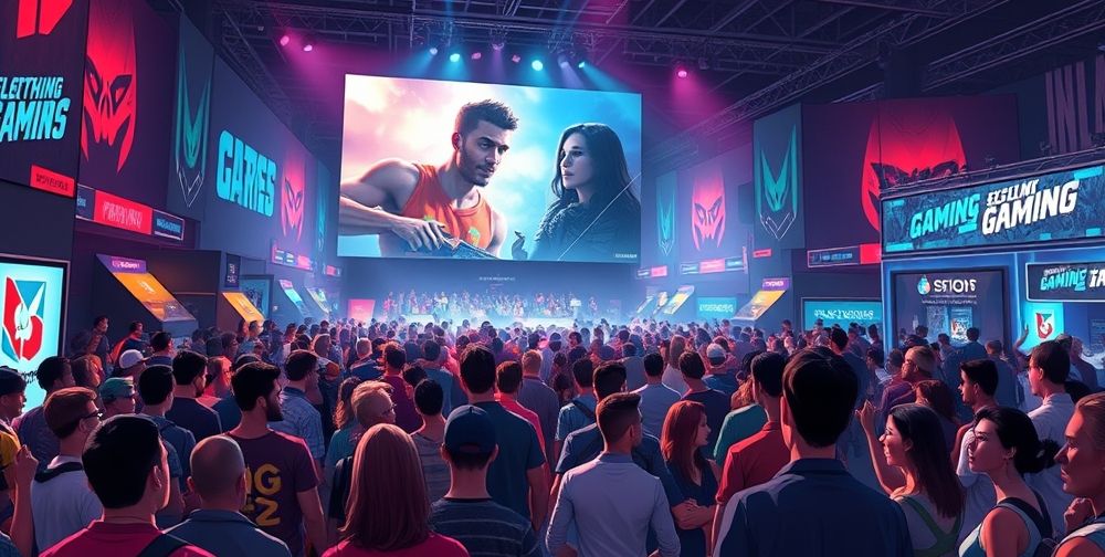 A detailed illustration of a crowded gaming event where people are watching an emotional trailer on a large screen, capturing a range of reactions from excitement to contemplation, with an atmosphere filled with anticipation and vivid colors.