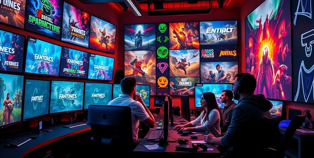 A vibrant gaming newsroom with multiple screens displaying game news, colorful posters of popular games, and an enthusiastic team discussing updates.