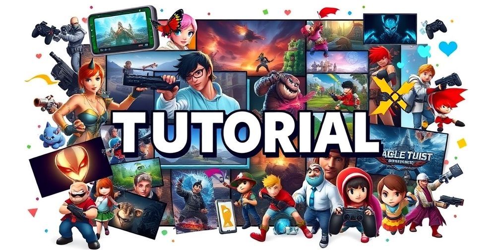 A collage of popular gaming tutorials and guides with visuals of various games, their screenshots, tips, and colorful game characters.