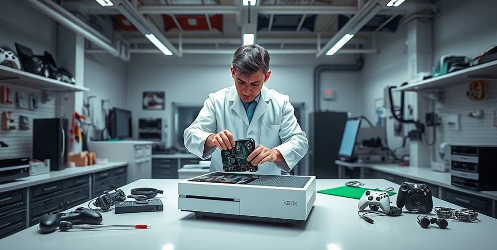 A professional repair shop counter with a white-coated technician carefully inspecting an open Xbox console motherboard, surrounded by organized tools and devices, under bright, focused lighting. The repair process is shown to convey specialist troubleshooting.