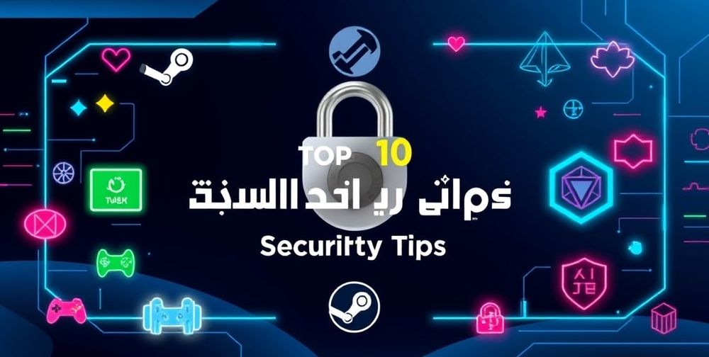 A visually striking infographic-style image showing top 10 Steam security tips for Iranian gamers in Farsi text, surrounded by game icons, a padlock, Steam Guard logo, and digital symbols.