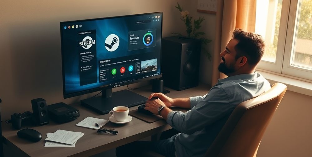A friendly Persian gamer sitting at a tidy desk, happily tweaking in-game and Steam settings on their monitor, with notes, a wireless controller, and a cup of tea under soft afternoon sunlight.