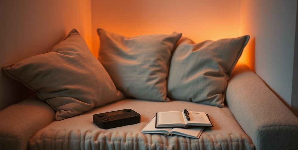 A cozy gaming corner filled with comforting elements: soft cushions, calming ambient lights, a notebook for journaling, and a Nintendo console resting peacefully. The atmosphere is serene and supportive, highlighting stress relief methods.