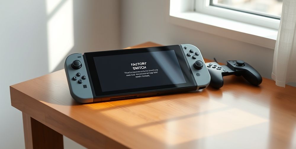A clean, modern Nintendo Switch console on a wooden desk. The screen displays a warning about factory reset, with controllers placed beside it. Soft daylight entering from a window emphasizes a calm yet urgent atmosphere.
