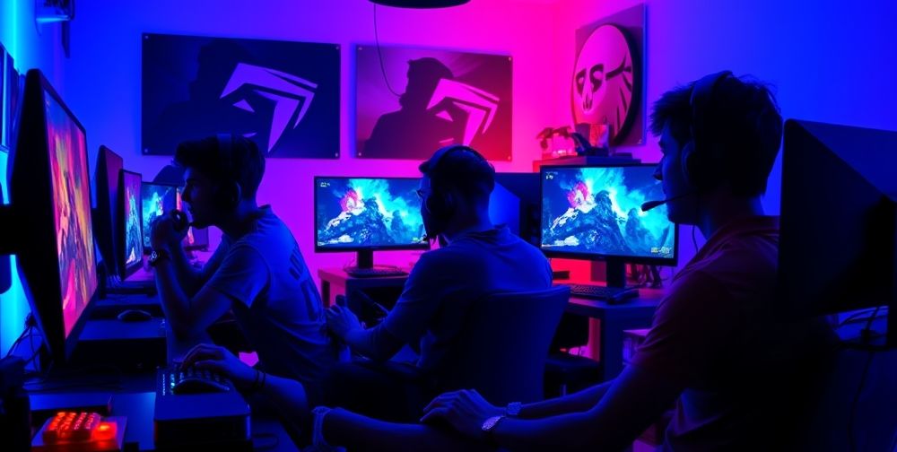 A dynamic scene of diverse online gamers at their home gaming setups, illuminated with colorful LED lights, communicating on voice chat, focused on screens showing various popular eSports titles.