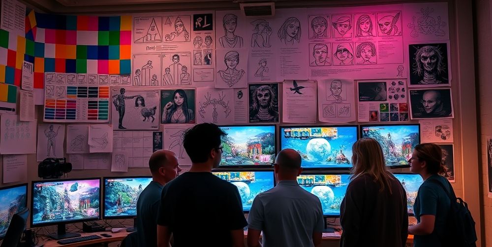A game development studio wall covered with color palettes, concept art sketches, and wireframes. Artists are discussing in front of digital screens showing vivid, expressive game scenes, highlighting the creative process in action.