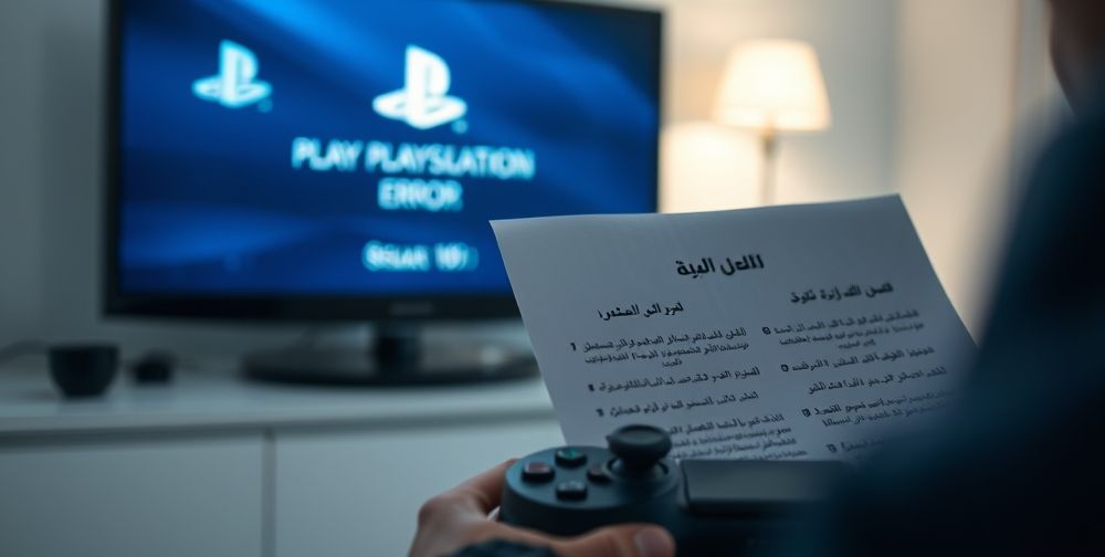A close-up of a PlayStation error message on a TV screen, with the controller in the foreground and a user referencing a printed step-by-step troubleshooting guide in Persian.