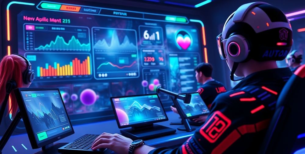 A close-up visual of an AI-powered in-game moderator dashboard, live virtual avatars engaging in a tournament, with floating data icons showing real-time analysis, and screens with adaptive content suggestions for players.