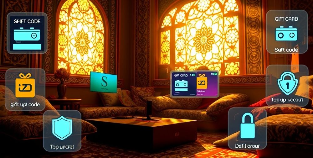 Cozy Persian-inspired gaming room, sunlight through patterned window, gamer exchanging a gift card code on their console, detailed digital icons showing balance top-up and account security checks.