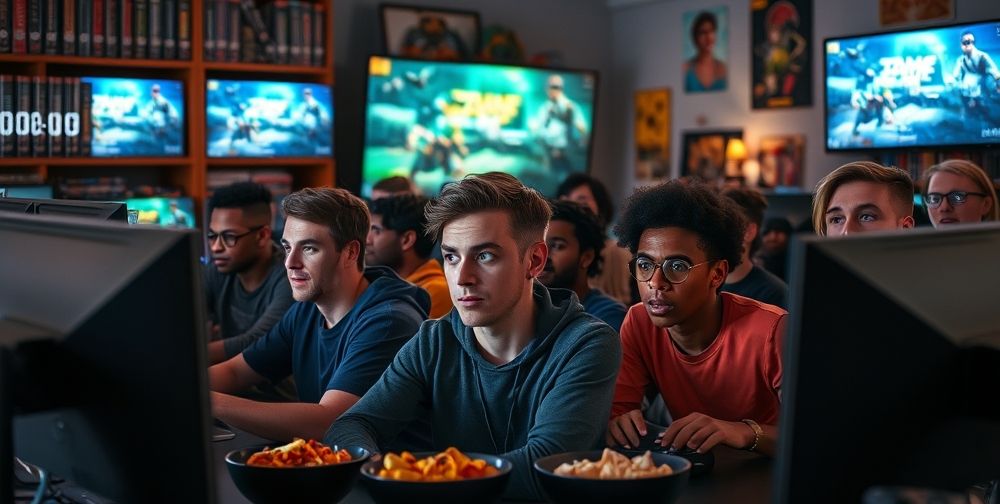 A close-up of diverse gamers eagerly watching countdown timers on their screens, excited faces lit by game trailers on big monitors, surrounded by collector’s editions, snacks, and themed décor.