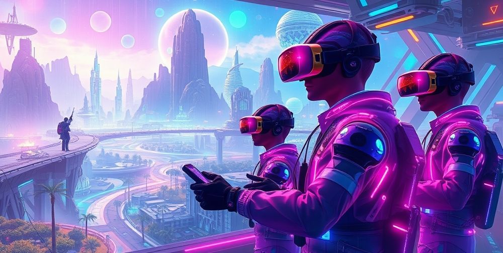 A futuristic virtual world rendered in bright colors, showing diverse AI-created landscapes, unique digital characters interacting, and players wearing VR headsets fully immersed in various gaming scenarios.
