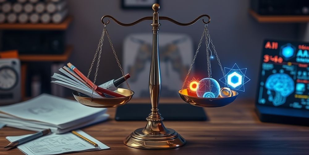 A balanced scale on a game developer’s desk, one side with classic game design tools and notes, the other with glowing AI icons and digital interfaces, symbolizing the opportunity versus threat debate.