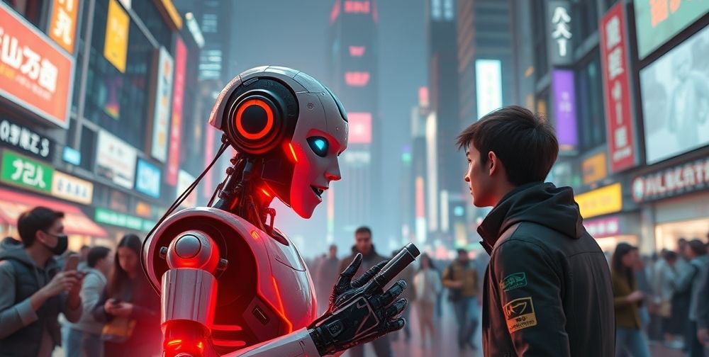 A detailed concept art showing an AI-driven game character adjusting its behavior in real-time while interacting with various human players in a bustling online cityscape, expressing emotions through body language and facial expressions.