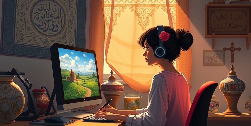 A detailed illustration of a teenage girl in Iran working on digital art at her desk, inspired by PlayStation creative games. Her computer screen displays a vibrant game world she is designing, sunlight shining through the window with Persian calligraphy and crafts around.
